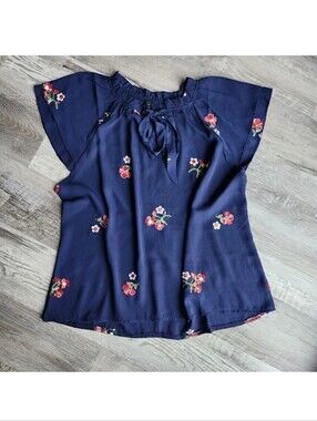 Luna Rae XL Embroidered Floral Peasant Top Navy Boho Cottagecore